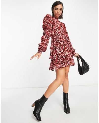 ALIGNE Hoogsluitende Mini-jurk Met Ruches En Bloemenprint - Rood