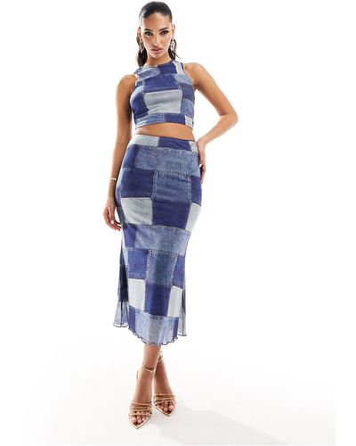 Sixth June Mesh Patchwork Denim Print Maxi Skirt - Blue
