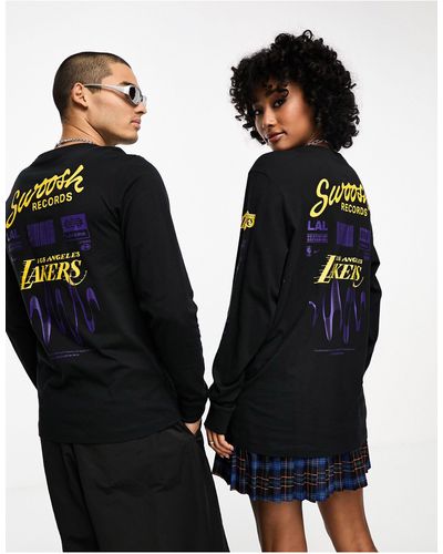 Nike Basketball Nba La Lakers - Uniseks T-shirt Met Lange Mouwen En 'swoosh Records' Print Op - Zwart