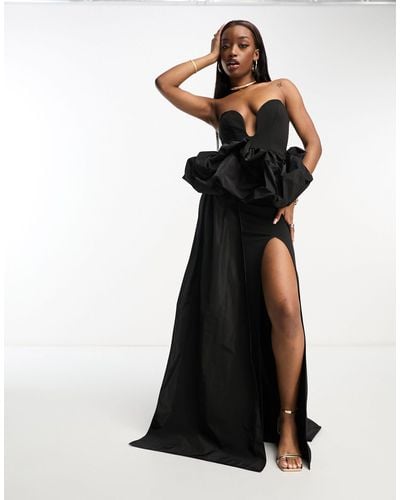 ASOS Plunge Premium Bandeau Maxi Dress With Peplum Bubble Waist And Sash - Black
