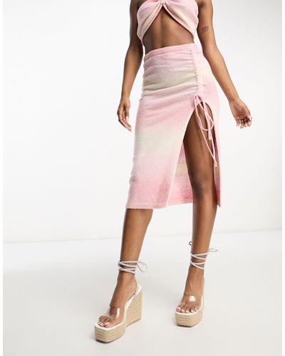AsYou Asymmetric Hem Knitted Midi Skirt With Belly Chain - Pink