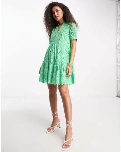 Y.A.S V Neck Broderie Mini Dress - Green