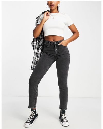 ONLY Emily - Jeans Met Rechte Pijpen, Hoge Taille En Zichtbare Knoopsluiting - Zwart