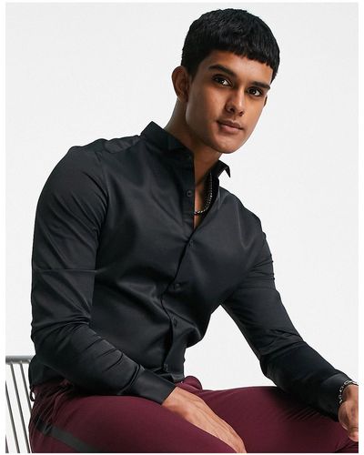 ASOS Formal Sateen Skinny Fit Shirt With Wing Collar - Black