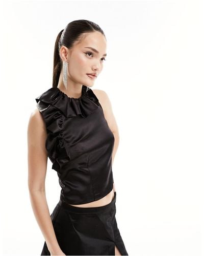 French Connection Satin Top With Ruffle Detail - Black