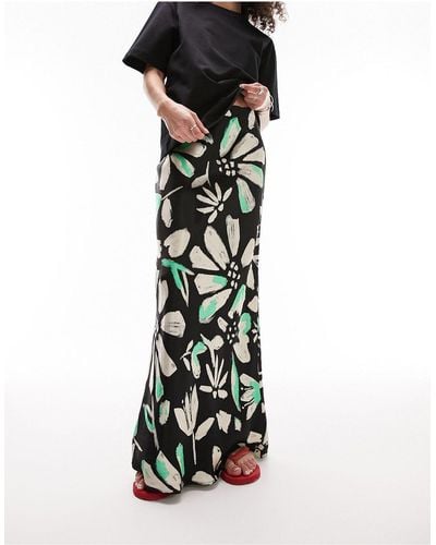 TOPSHOP Floral Print Satin Bias Maxi Skirt - Black