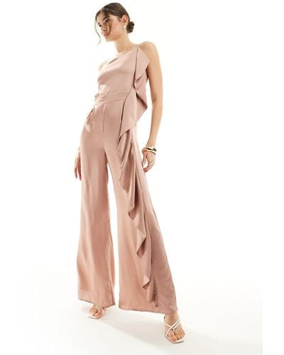 TFNC London Bridesmaid Satin One Shoulder Jumpsuit With Frill Detail - Pink