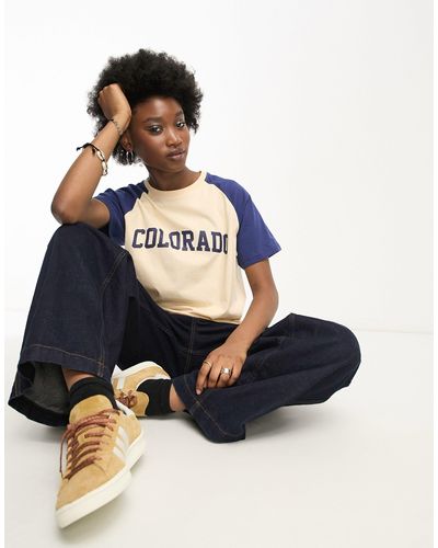 Daisy Street Ruimvallend T-shirt Met Raglanmouwen En Geborduurde Colorado-print - Blauw