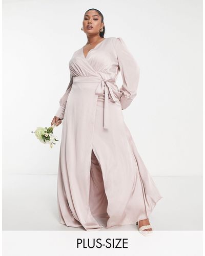 Tfnc Plus Bridesmaid Long Sleeve Satin Maxi Dress - Pink