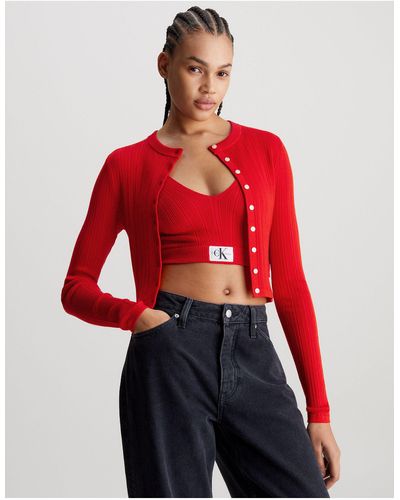 Calvin Klein – weiche, gerippte strickjacke aus lyocell - Rot