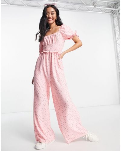 Miss Selfridge Shirred Puff Sleeve Jumpsuit - Pink