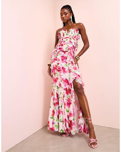 ASOS Organza Ruched Bandeau Maxi Dress With Ruffle Skirt - Pink