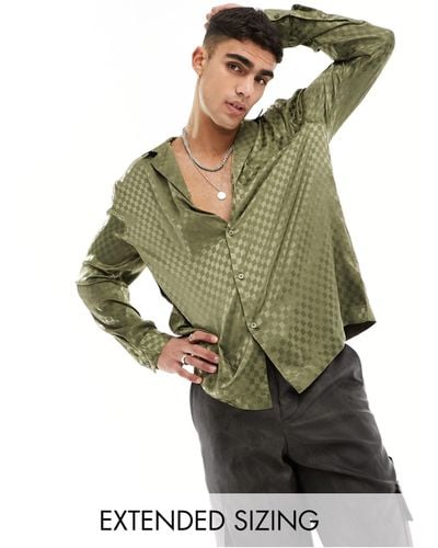ASOS Relaxed Fit Deep Revere Collar Checkerboard Satin Jacquard Shirt - Green