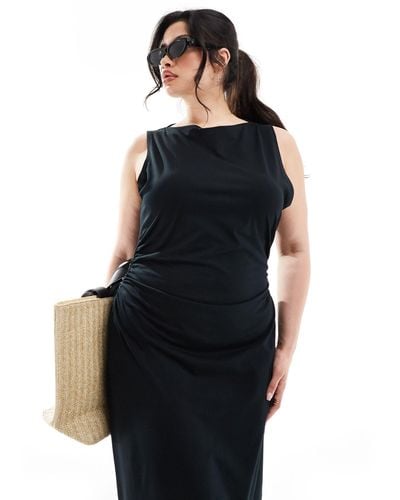 ASOS Asos Design Curve Boat Neck Maxi Dress With Ruched Sides - Black