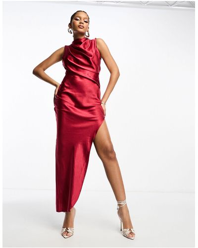ASOS Satin High Neck Drape Maxi Dress With Open Back And High Split - Red
