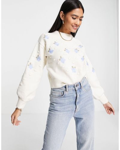 Fashion Union High Neck Cropped Sweater With Floral Embroidery - White