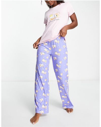 Loungeable Pyjamaset Met 'nap Queen'-print Met Corgi's - Blauw