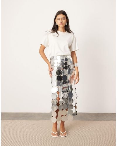 ASOS Embellished Disc Fringe Midi Skirt With Hem Detail - Natural