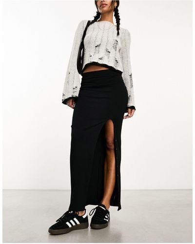 ASOS Ribbed Midi Skirt With Button Up Split - Black