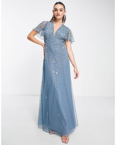 ASOS Flutter Sleeve Maxi Dress With Trailing Floral Embellishment - Blue