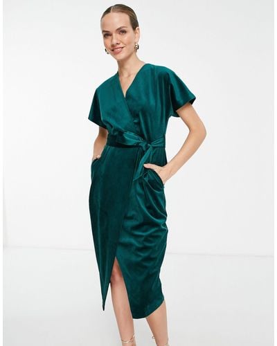Closet Kimono Sleeve Velvet Midi Dress With Wrap Tie - Green