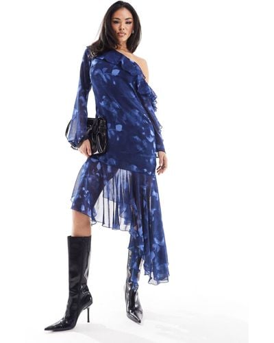 ASOS Fallen Shoulder Chiffon Midi Dress With Asymmetric Hem And Tendril Detail - Blue