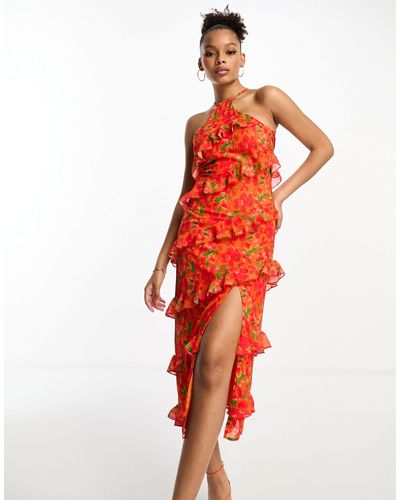 Pretty Lavish Halterneck Ruffle Split Midaxi Dress - Red
