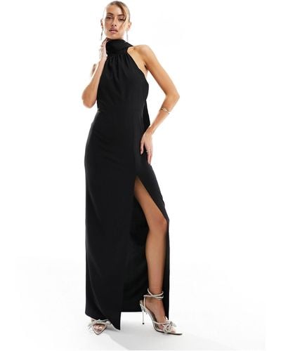 Vesper Halterneck Scarf Detail Maxi Dress With Thigh Spilt - Black