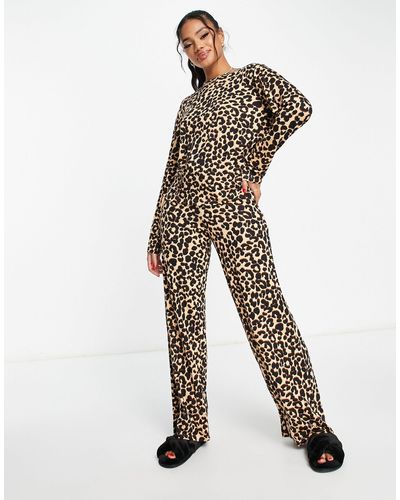 ASOS Viscose Leopard Long Sleeve Top & Wide Leg Trouser Pajama Set - White