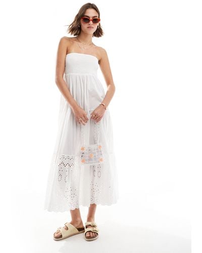 New Look Shirred Bandeau Broderie Maxi Dress - White