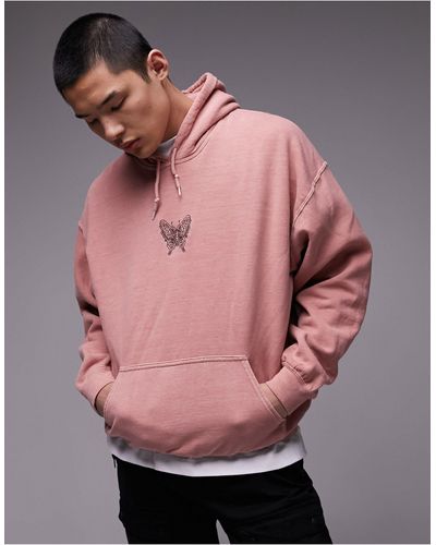 TOPMAN Oversized Fit Hoodie With Butterfly Embroidery - Pink