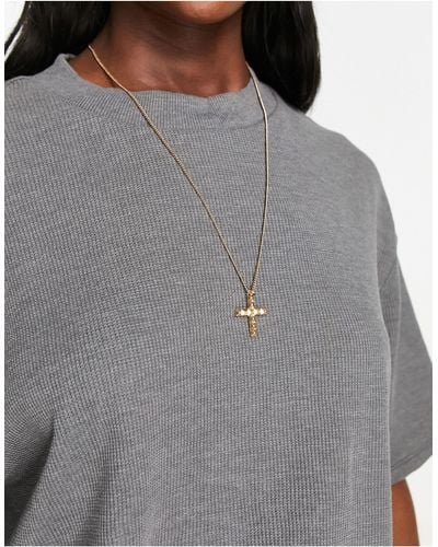 AllSaints Black Dimante Cross Pendent Necklace - Grey