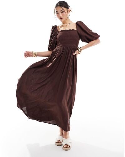 River Island Puff Sleeve Linen Dress - Brown