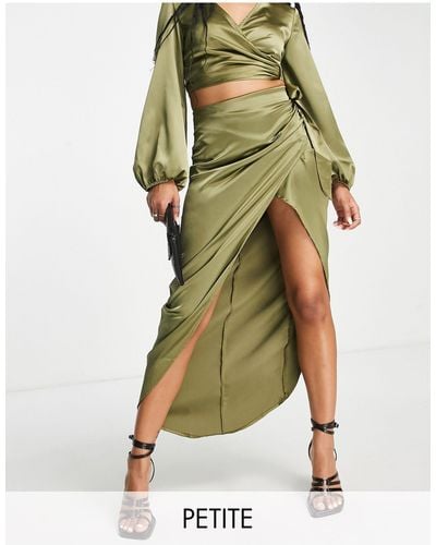 Flounce London Satin High Waist Maxi Skirt With Leg Split - Green