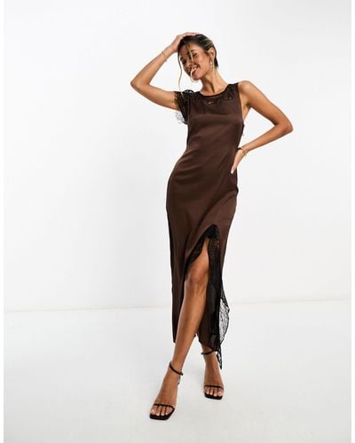 ASOS One-shoulder Satin Midaxi Dress With Contrast Lace Inserts - Brown