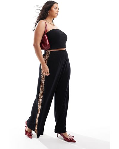 Yours Wide Leg Trouser With Leopard Detail - Black