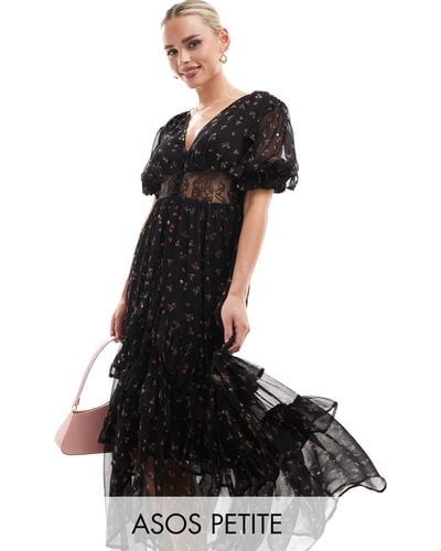 ASOS Asos Design Petite Lace Cut Out Dress Button Through Ruffle Hem Midi Dress - Black