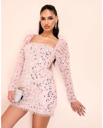 ASOS Puff Sleeve Embellished Mini Dress - Pink