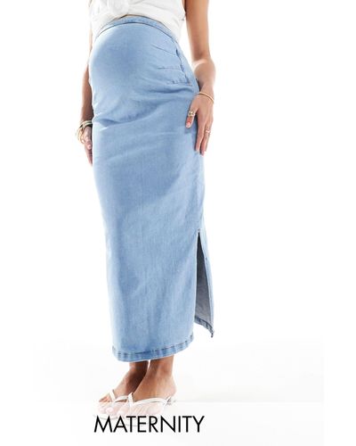Mama.licious Mamalicious Maternity Over The Bump Denim Skirt With Side Slits - Blue