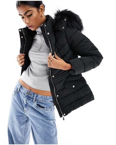 New Look Puffer Jacket With Faux Fur Hood - Black