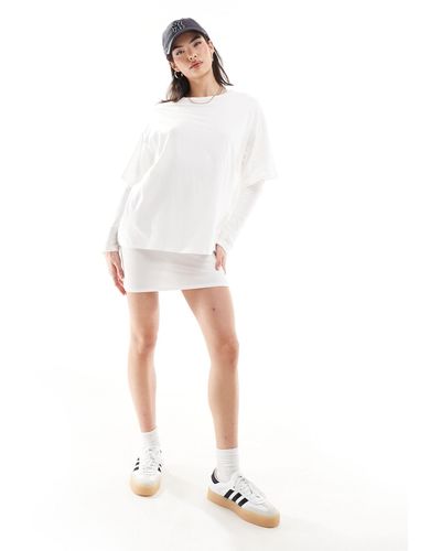 ASOS High Neck Ribbed Long Sleeve Mini T-shirt Dress With Overlay - White