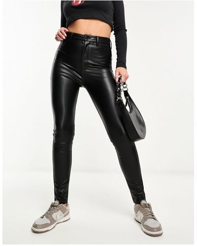 Pull&Bear High Waisted Faux Leather Skinny Pants - Black