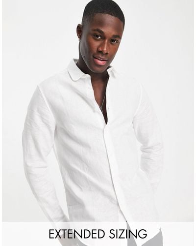 ASOS Wedding Smart Linen Regular Fit Shirt With Penny Collar - White