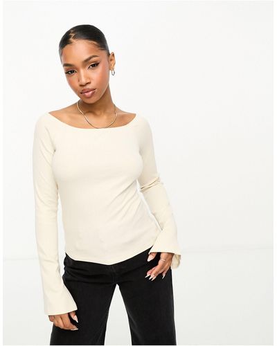 Monki Ribbed Boat Neck Long Sleeve Top With Slits - Natural