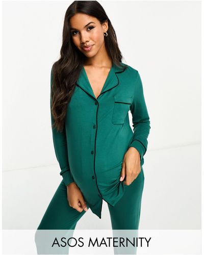 ASOS Asos Design Maternity Super Soft Long Sleeve Shirt & Trouser Pyjama Set With Contrast Piping - Green