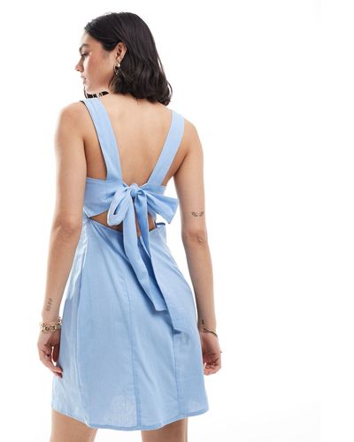 ASOS Square Neck Tie Back Linen Look Mini Sundress - Blue