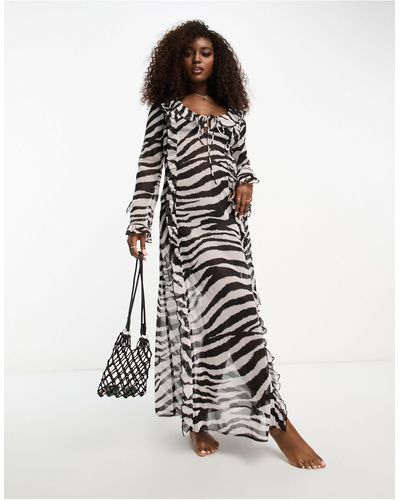 Miss Selfridge Beach Chiffon Zebra Long Sleeve Side Split Maxi Dress - White