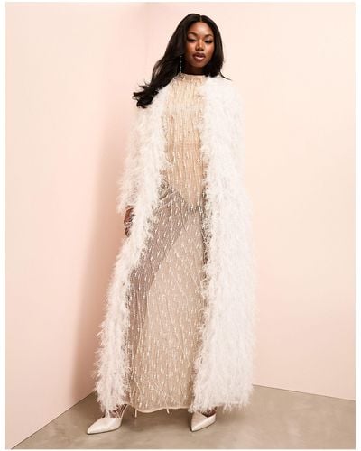 ASOS Faux Feather Longline Duster Coat - Natural