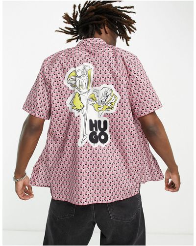 HUGO Ebor - Ruimvallend Overhemd Met Korte Mouwen En Print Op - Roze