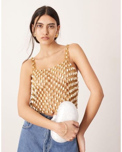 ASOS Embellished Pearl And Chain Sleeveless Crop Top - Natural